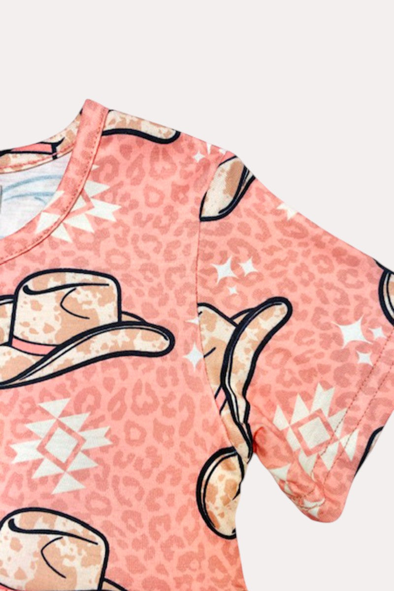 X0888-1 Pink animal print & cowboy hat short sleeve dress