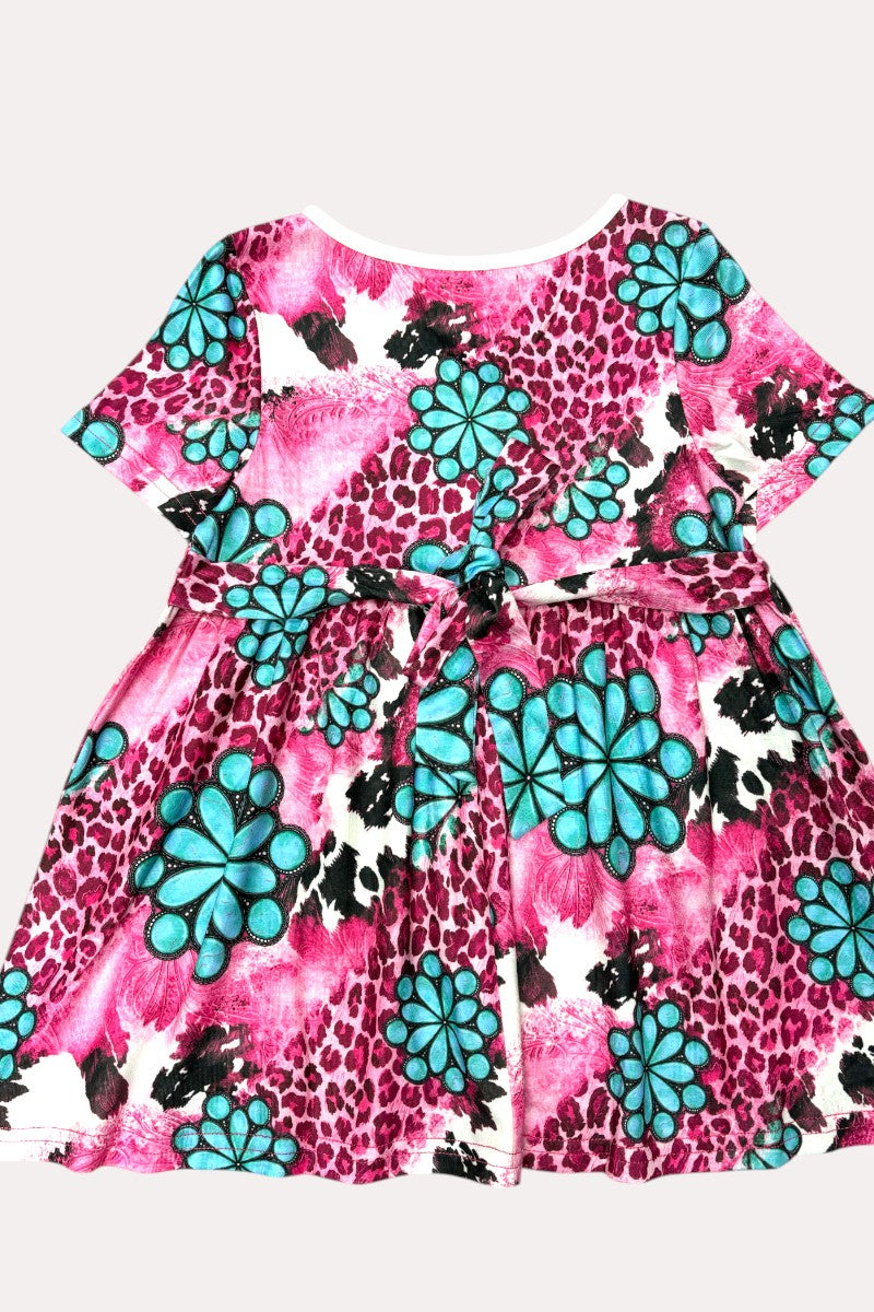 XCH0888-2H Turquoise jewel pink leopard printed girsl dress w/belt