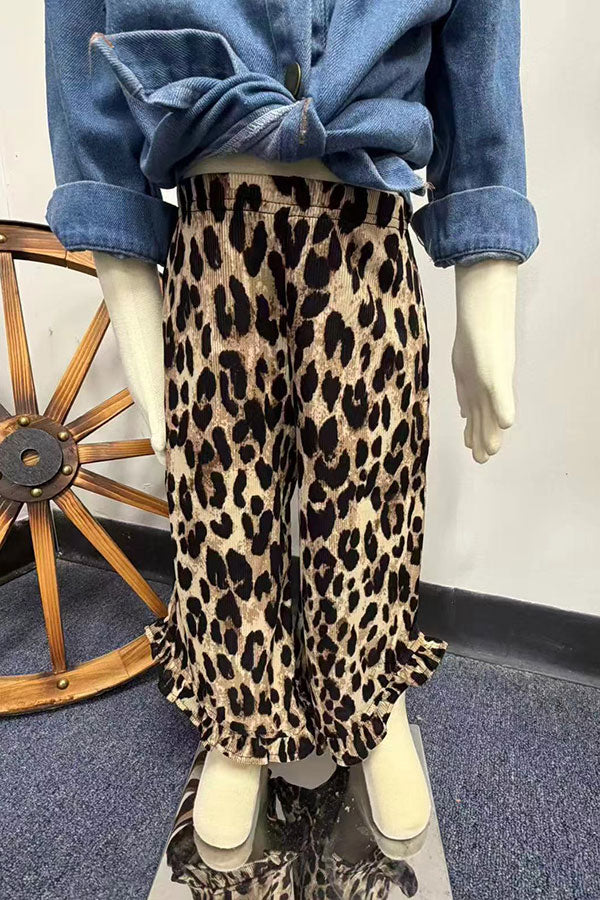 Western Leopard Ruffled High Low Girls Boutique Pant XCH0902