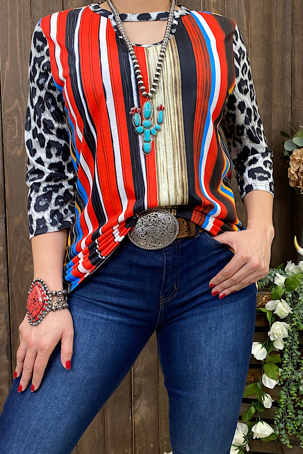 Serape/leopard printed 3/4 sleeve top w/key whole neckline XCH10175