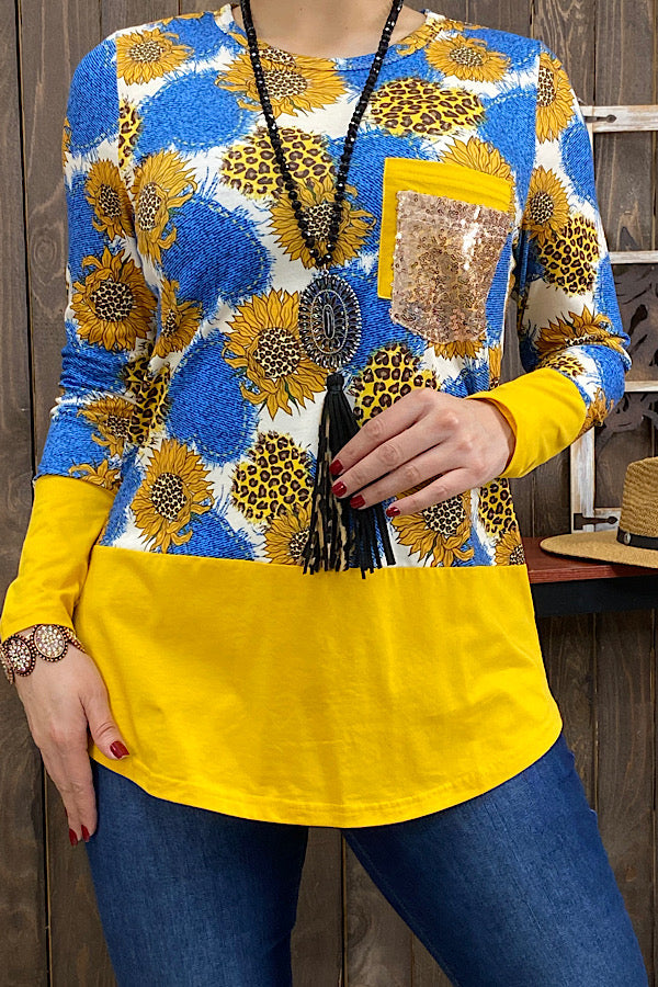 XCH10344 Blue & yellow sunflower printed long sleeve top w/sequin pocket