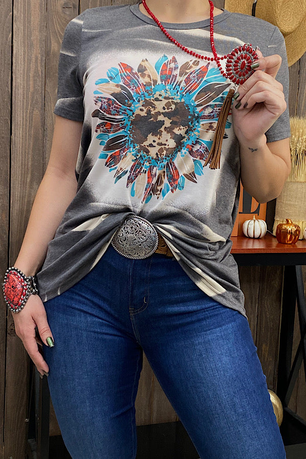 XCH12031 Sunflower printed short sleeve top