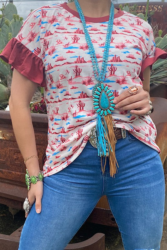 Plus size Western cactus printed blouse w/ruffle sleeves XCH12221 ES8