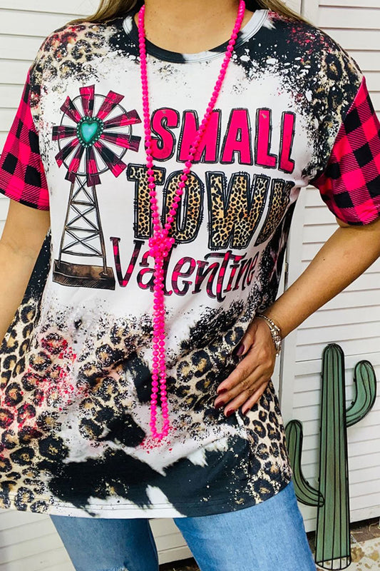 XCH14524 SMALL TOWN Valentine plaid & leopard short sleeve top
