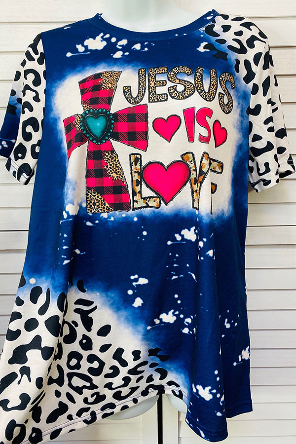 XCH14573 JESUS IS LOVE Plaid & leopard printed cross t-shirt