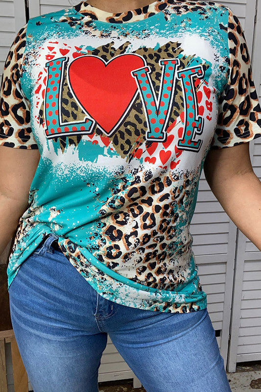 XCH14609 Turquoise & Leopard printed LOVE women t-shirt