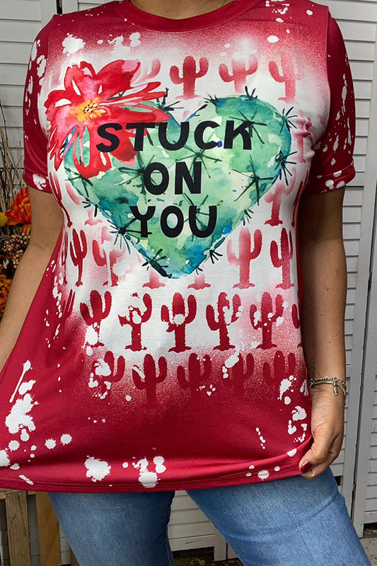 XCH14652 STUCK ON YOU Cactus printed short sleeve top