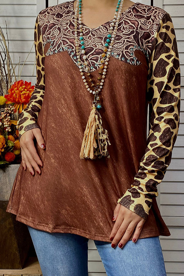 XCH14657 Paisley & animal printed pattern long sleeve blouse