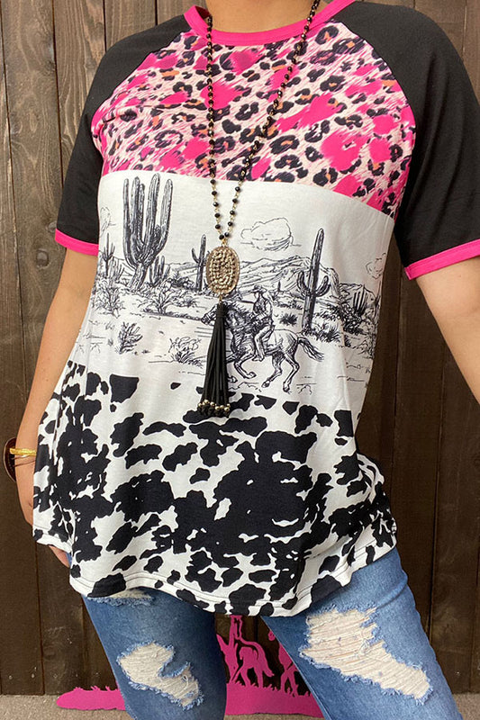 XCH14677 Leopard&Cactus&riding horse & Cow multi color printed black short sleeve women tops