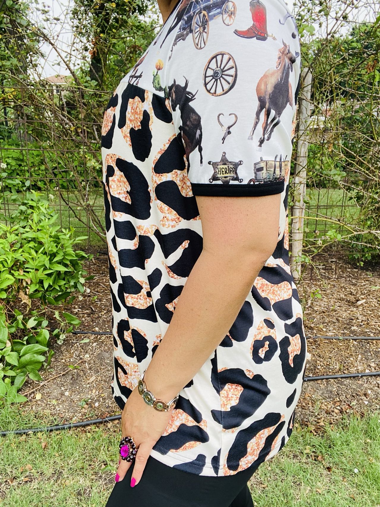 XCH15062 Western & leopard prints color block short sleeve women top