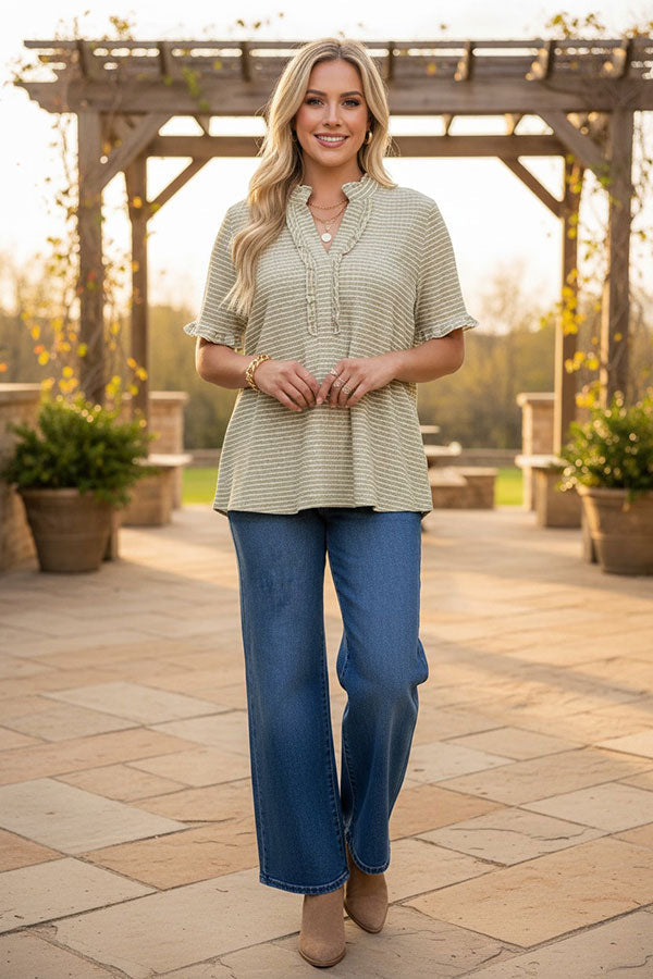 Trendy plaid ruffle short sleeve & front women's boutique top Southern Stitch XCH17538