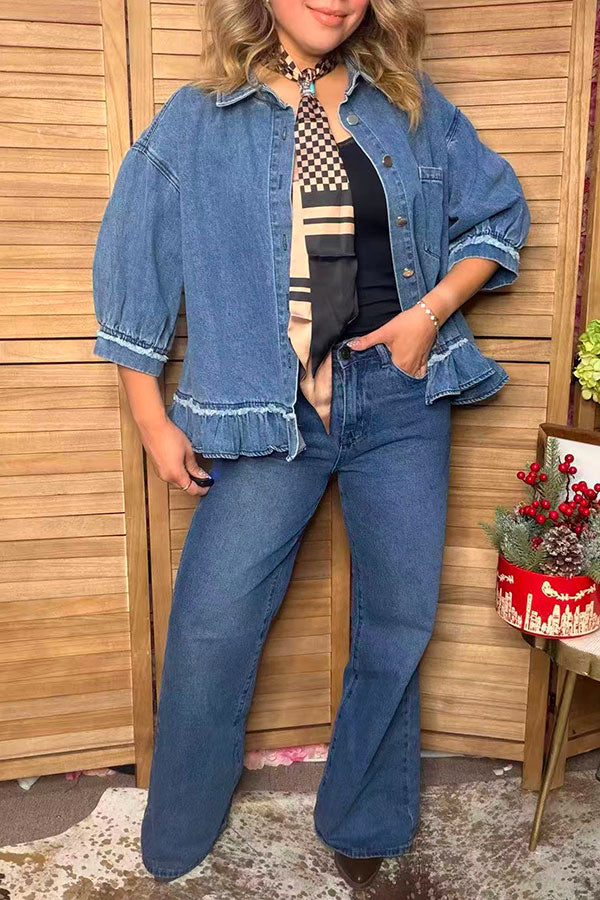 Western denim blue 3/4 sleeve ruffled women's boutique coat Southern Stitch XCH17579