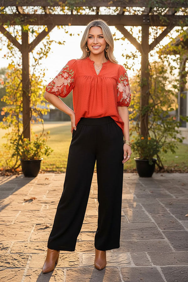 Trendy floral embroidery puff short sleeve women's boutique top Southern Stitch XCH17778