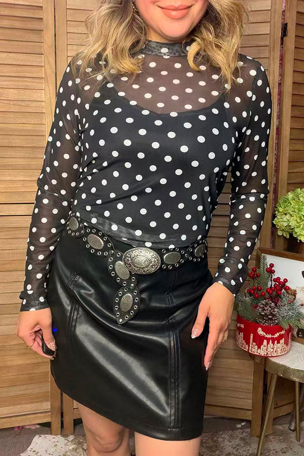 Western black dots mesh long sleeve women's boutique tops Southern Stitch XCH17779