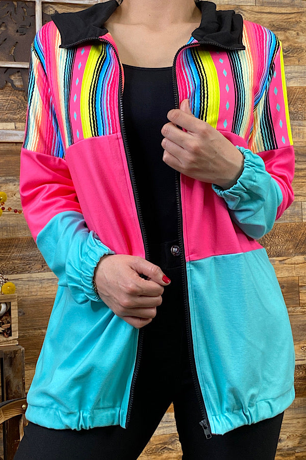 XCH9789 Multi color block zipper jacke