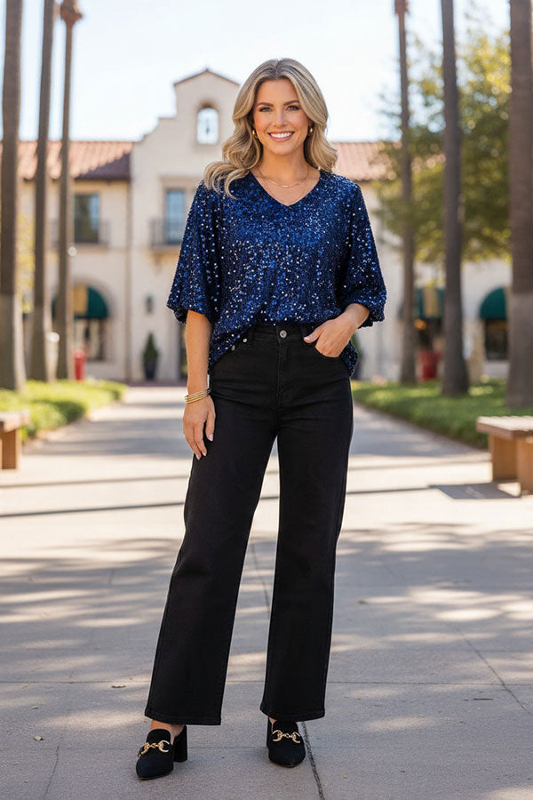 Western navy blue sequin bell sleeve women's boutique top Southern Stitch YDG17780