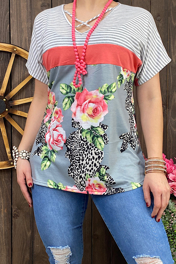 YMY10266 Leopard/rose multi color block short sleeve top w/criss cross neckline