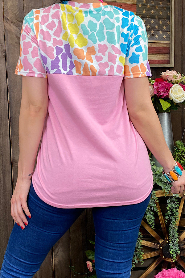YMY10692 Pink multi color leopard printed short sleeve top