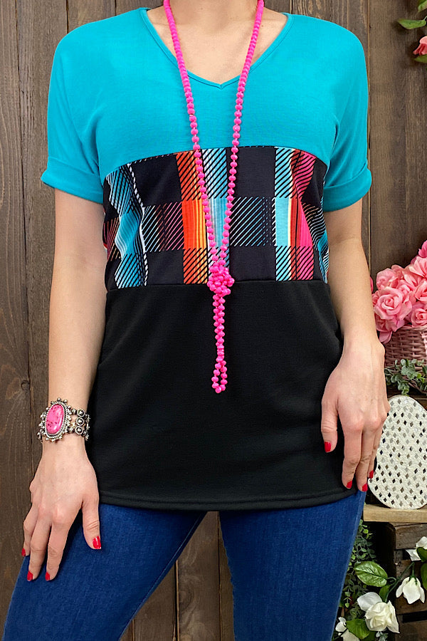YMY8941-2 Blue/Black & multi color plaid short sleeve top