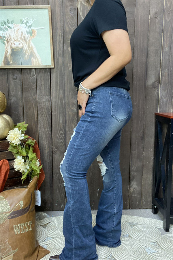Western blue distressed jeans denim women's boutique pant S003