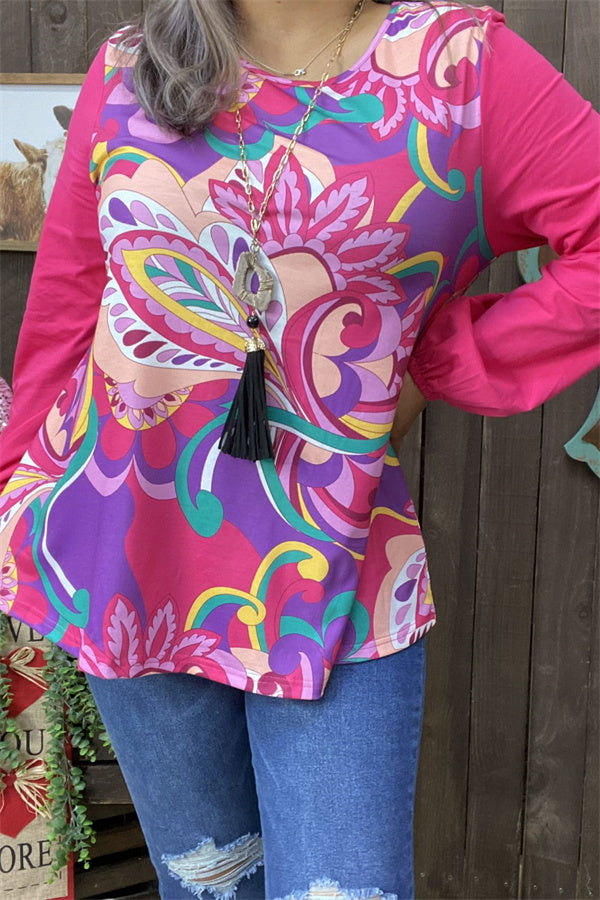 XCH15691 Floral printed pink chiffon long sleeve women blouse