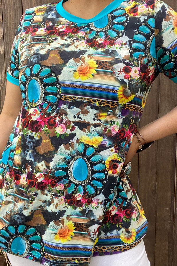 Western turquoise short sleeve women's boutique top Southern Stitch XCH11682