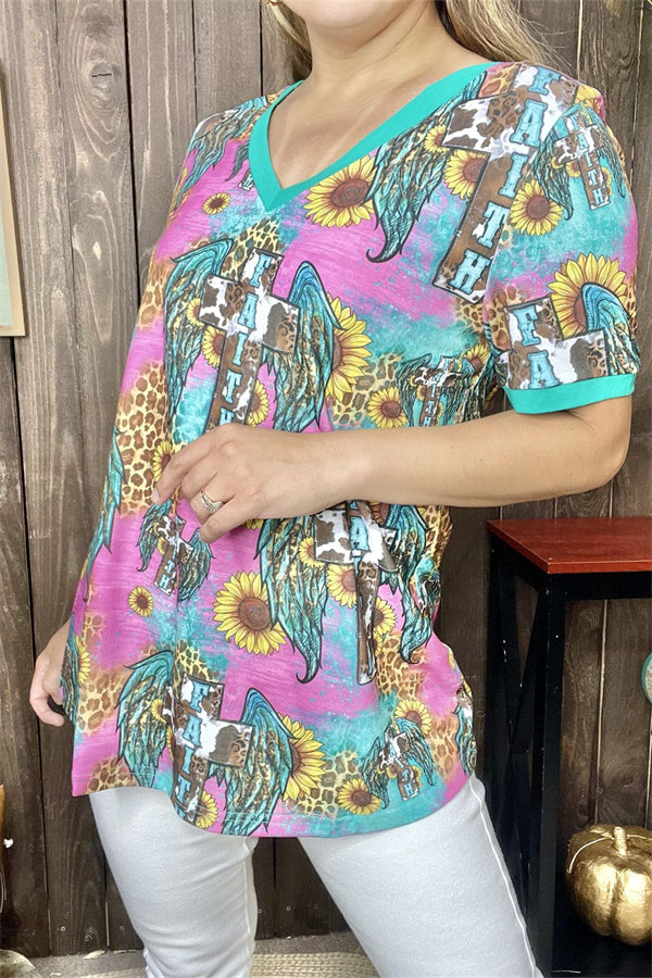 XCH12474 Faith cross w/wings & sunflower printed short sleeve women top