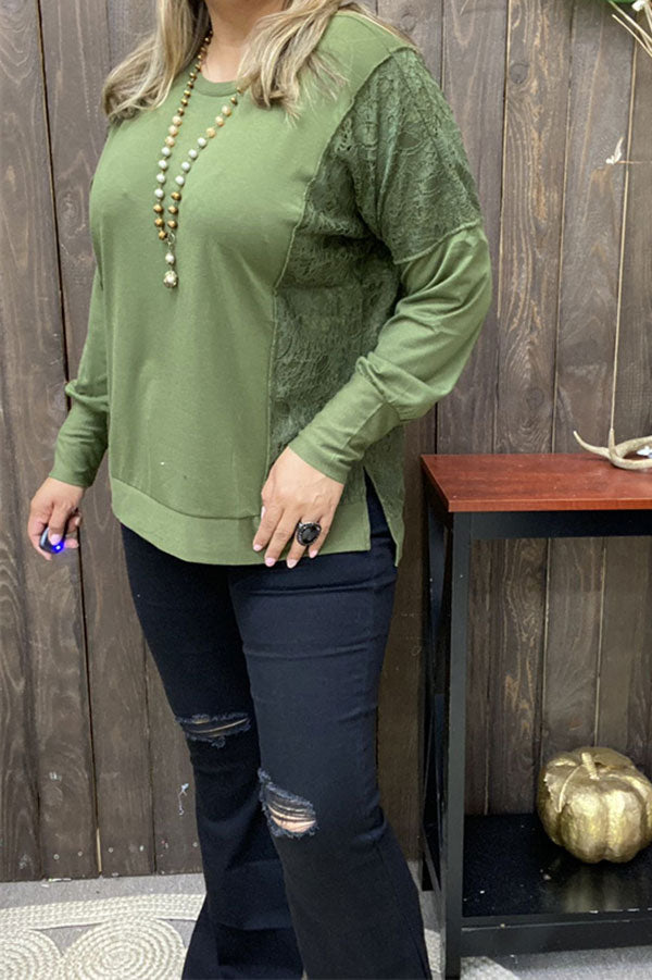 Western Green & lace patchwork long sleeve women's boutique tops GJQ15536
