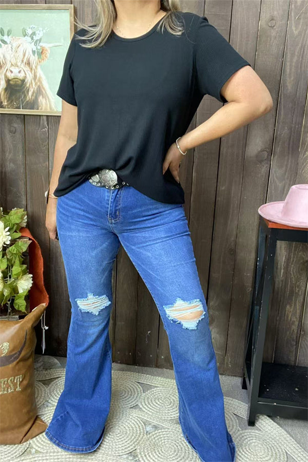 Western washed blue denim ripped boutique women's jeans S011