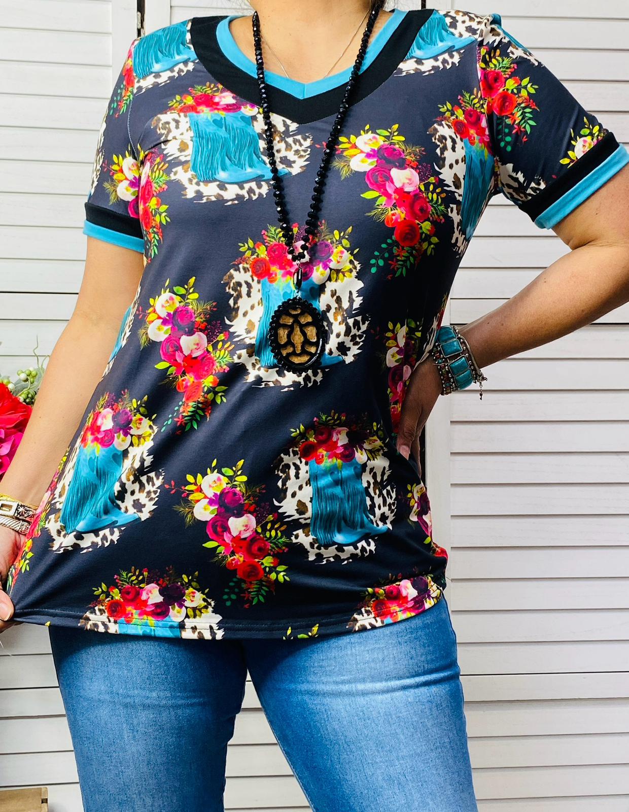 DLH12041 Turquoise leopard & floral printed short sleeve top