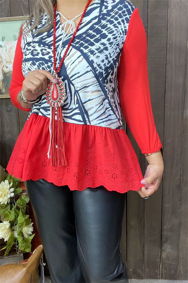 Black striped Red block printed 3/4 sleeve ruffle hem women tops GJQ15031