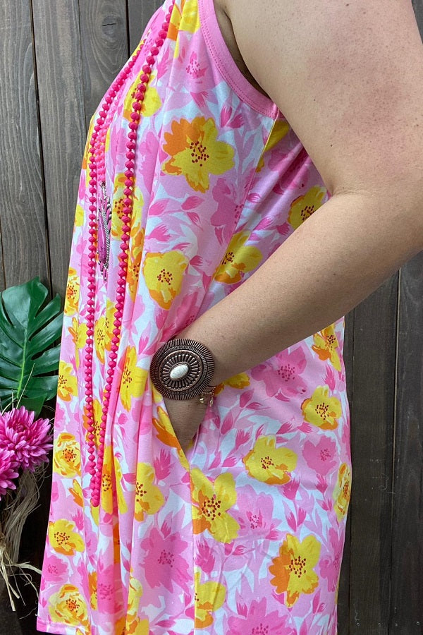 YMY13142 Floral yellow&pink color floral printed sleeveless women dress