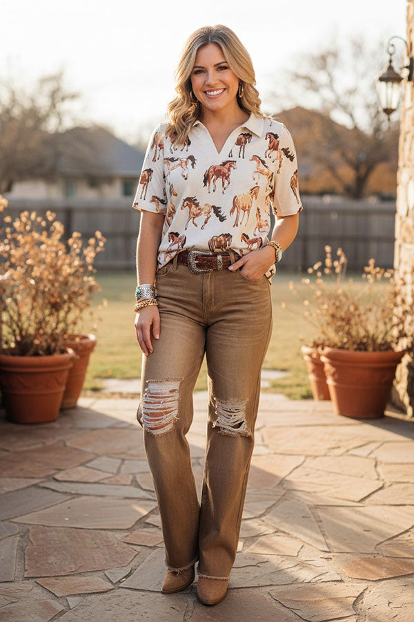 Western brown distressed straight denim jeans women's boutique pant S013