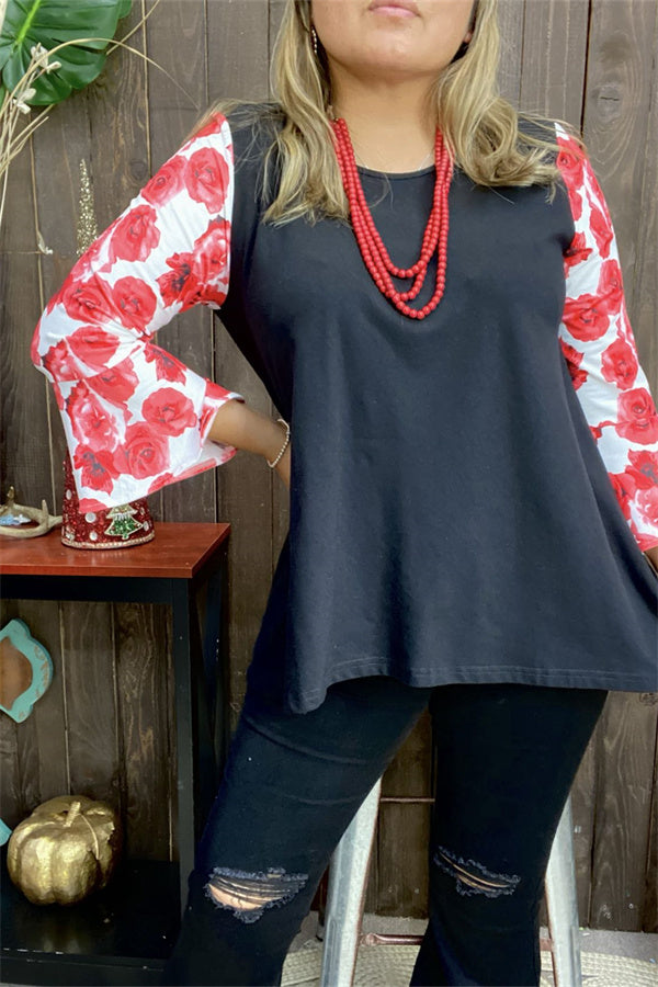 Red floral printed 3/4 bell sleeve & black women boutique top XCH15463