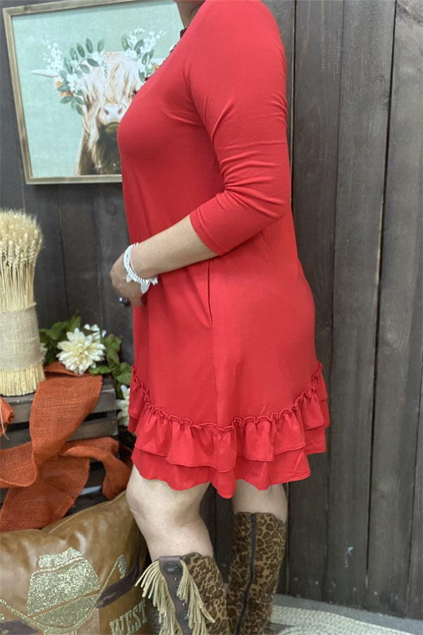 GJQ15500 Red solid color 3/4 sleeve double ruffle bottom w/side pockets women dress