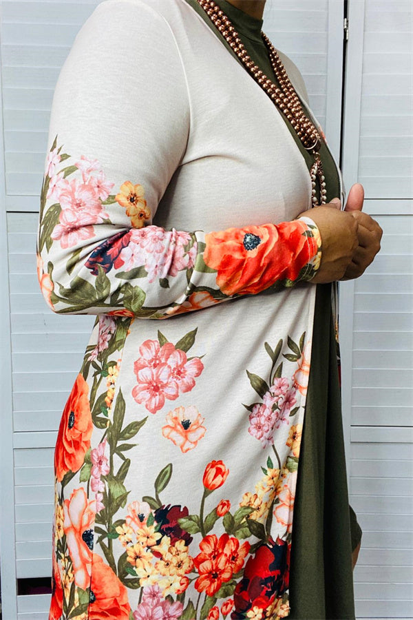 XCH14360 Beige & Floral multi color printed long sleeve women cardigan