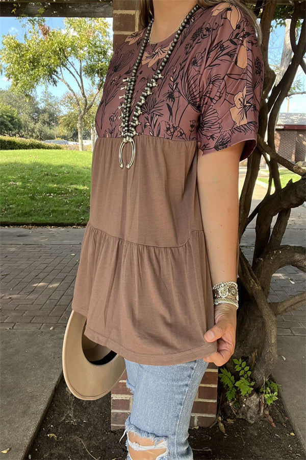 GJQ15652 Black floral printed tan block solid color baby doll design short sleeve women blouse/top