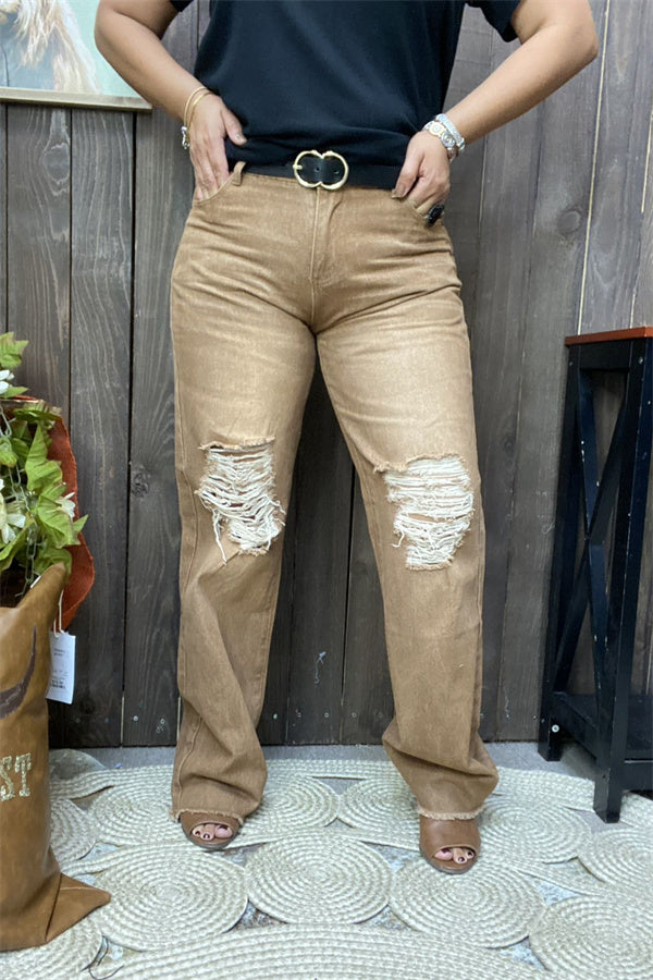 Brown western style distressed straight-leg jeans women pants S013