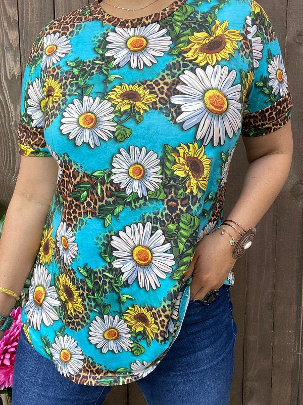 Western flower & leopard turquoise short sleeve women's top BQ12450