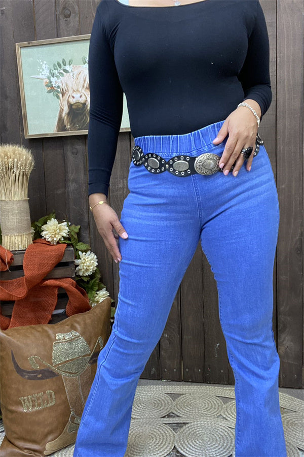 S009 Elastic band waist long straight women blue jeans