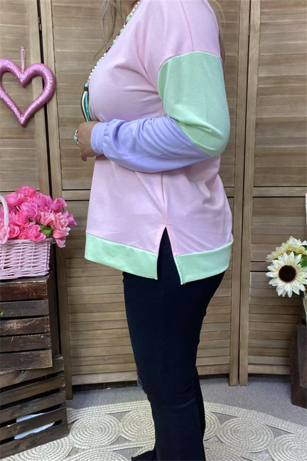 BQ15555 Mint/purple/pink solid color printed long sleeve women tops w/side splits