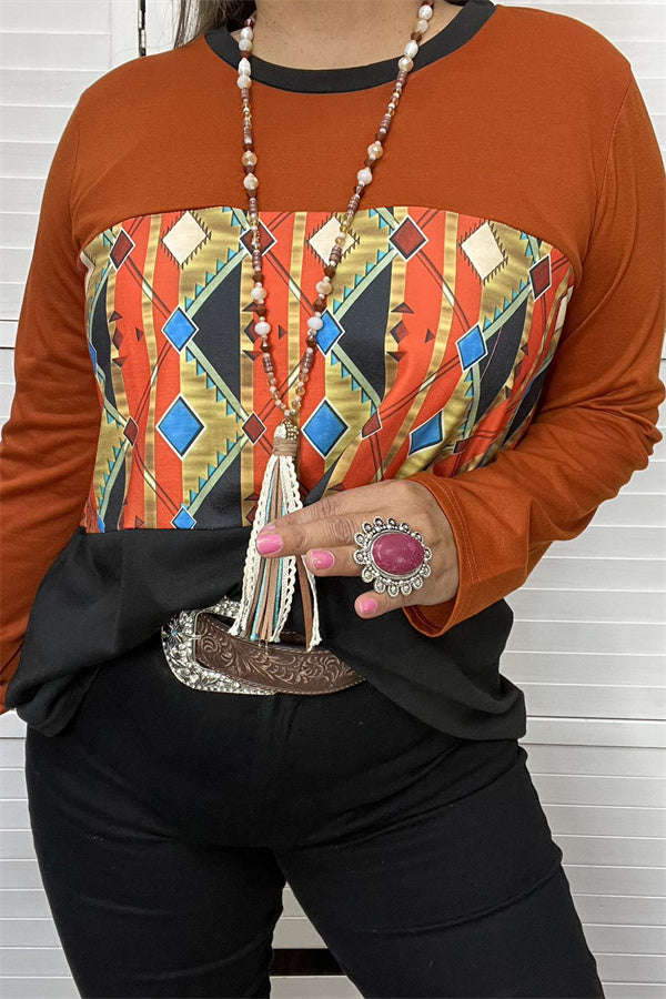 Western Aztec & Brown & Black long sleeve women t-shirt YMY9809