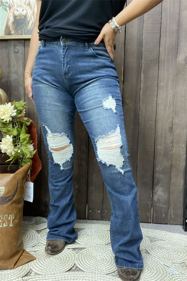 Wased blue distressed jeans bootcut denim women's pants S003