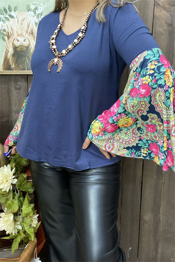 GJQ12917 Blue blouse w/floral printed bell sleeves