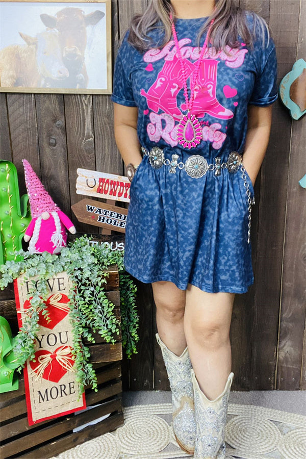 Western rodeo leopard short sleeve women boutique dress w/side pockets XCH14366
