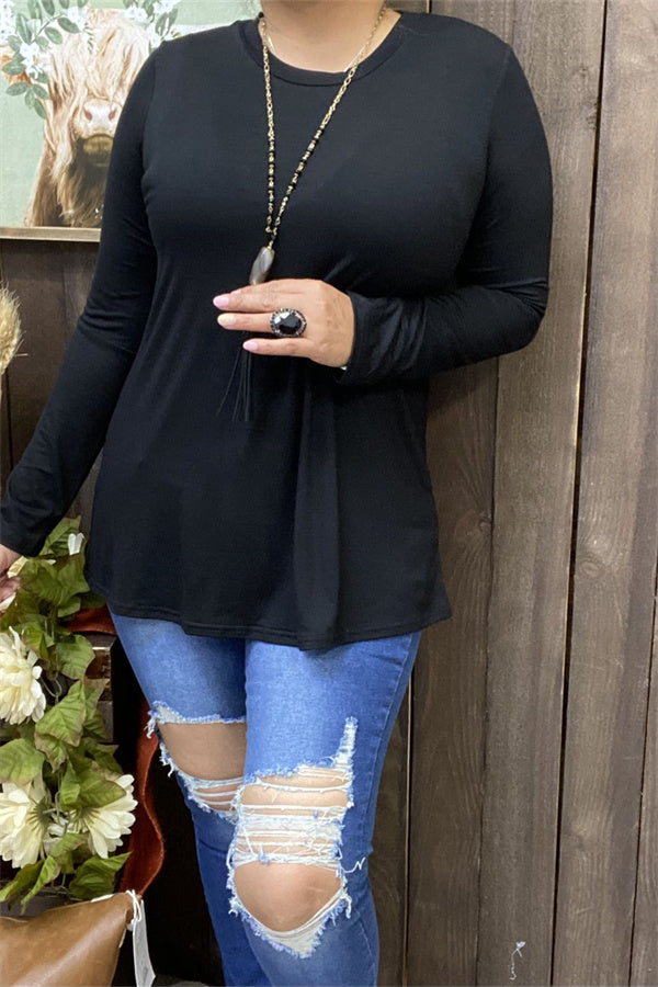 Solid black long sleeve stretchy women t-shirt YMY15530