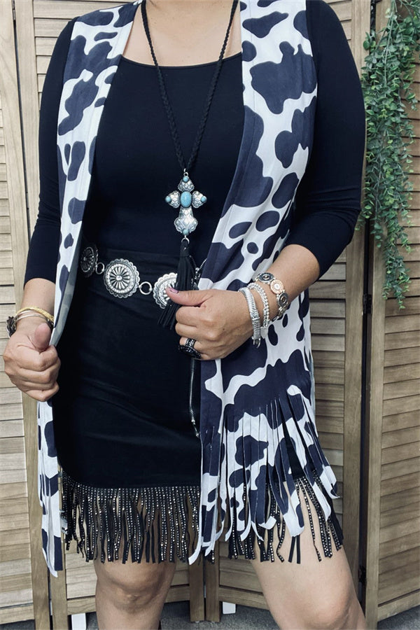 GJQ14616 Leopard printed w/tassels women vest /cardigan