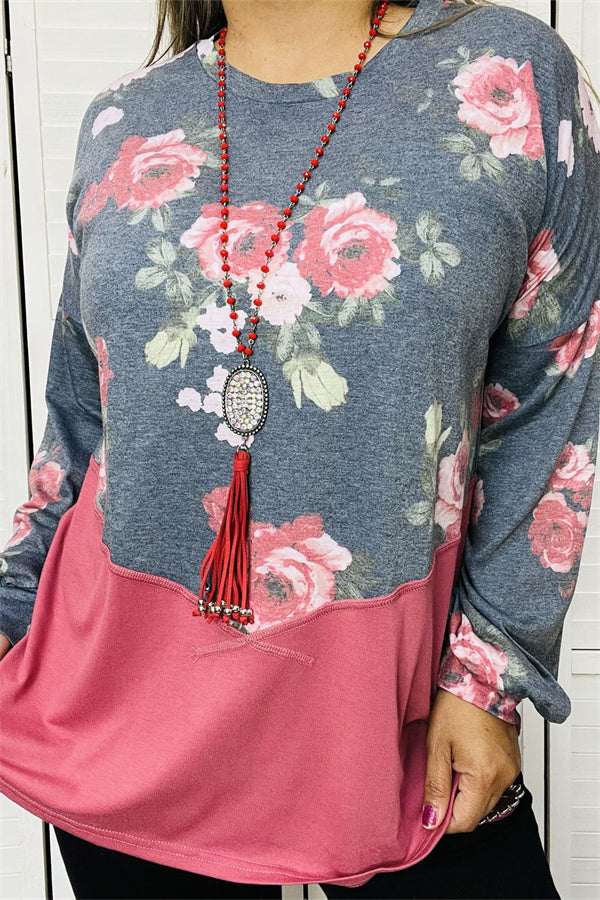 Floral ptinted & pink color block long sleeve women blouse YMY10119