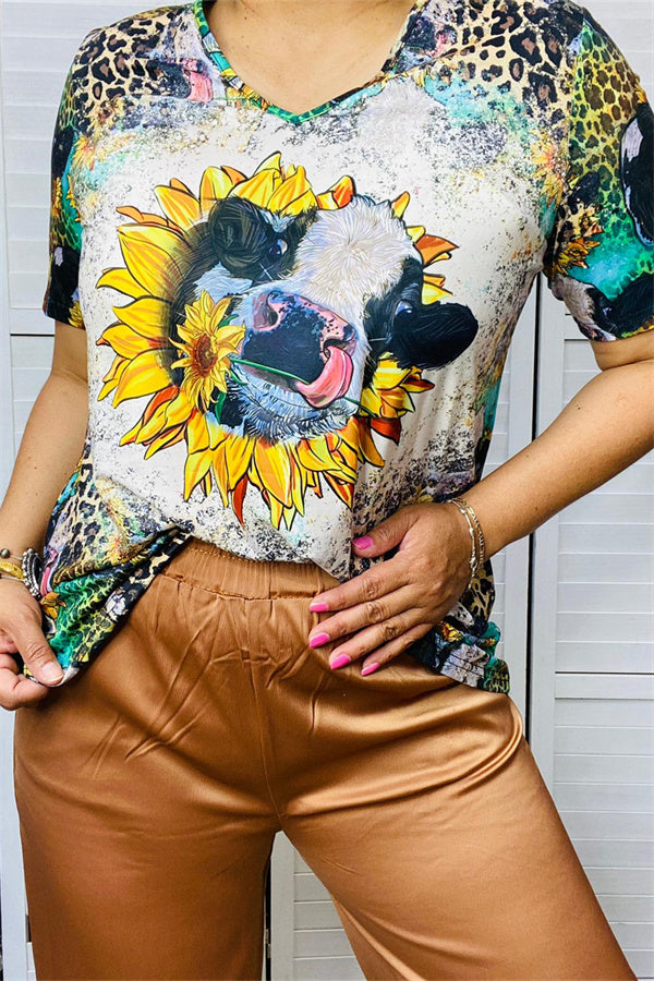 XCH12430 Sunflower & cow and leopard multi color printed short sleeve women tops