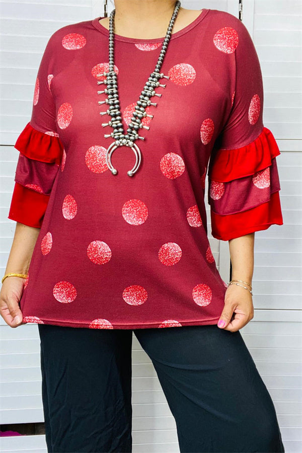 Burgundy polka dot w/red ruffle 3/4 sleeve women top YMY9810-2